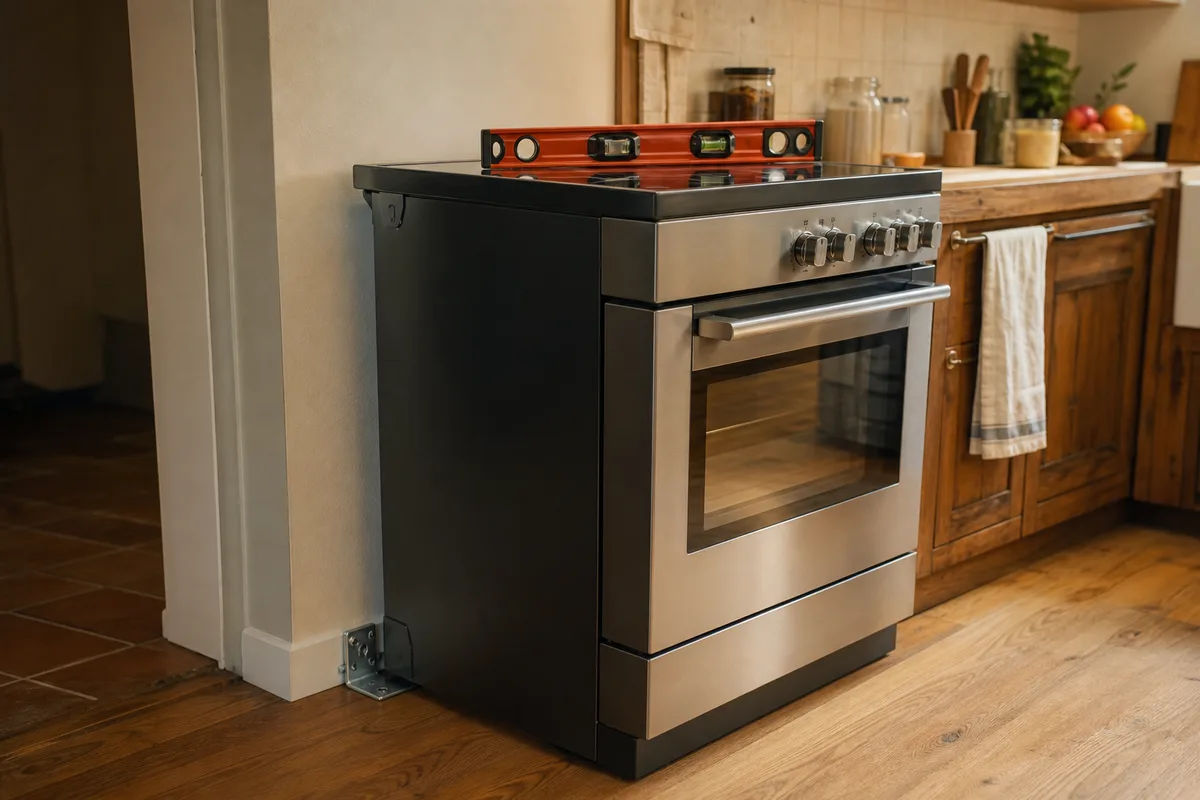 Cuisinière poussée contre le mur avec sa patte anti-basculement et un niveau à bulle