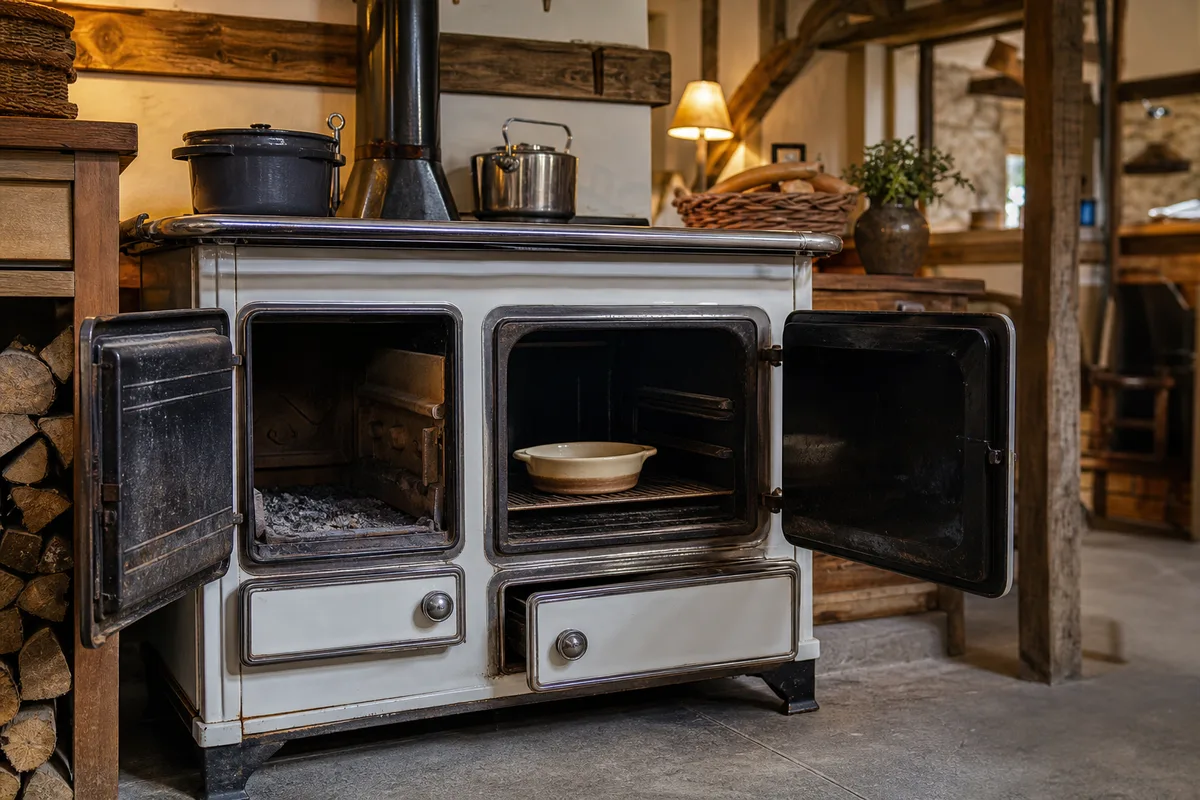 Ancienne cuisinière à bois en fonte émaillée dans une grange, portes ouvertes