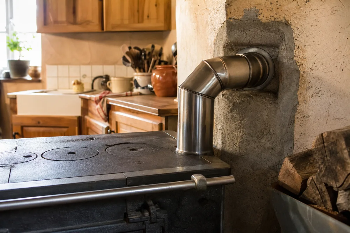 Buse en acier reliant une cuisinière à bois à un conduit maçonné