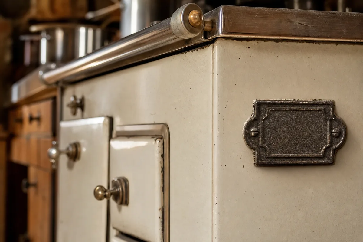 Plaque d’identification en fonte gravée sur le flanc d’une vieille cuisinière à bois émaillée