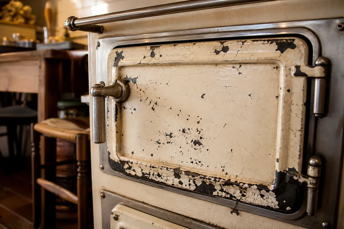 Détail d’un émail crème écaillé sur la porte de four en fonte d’une cuisinière ancienne