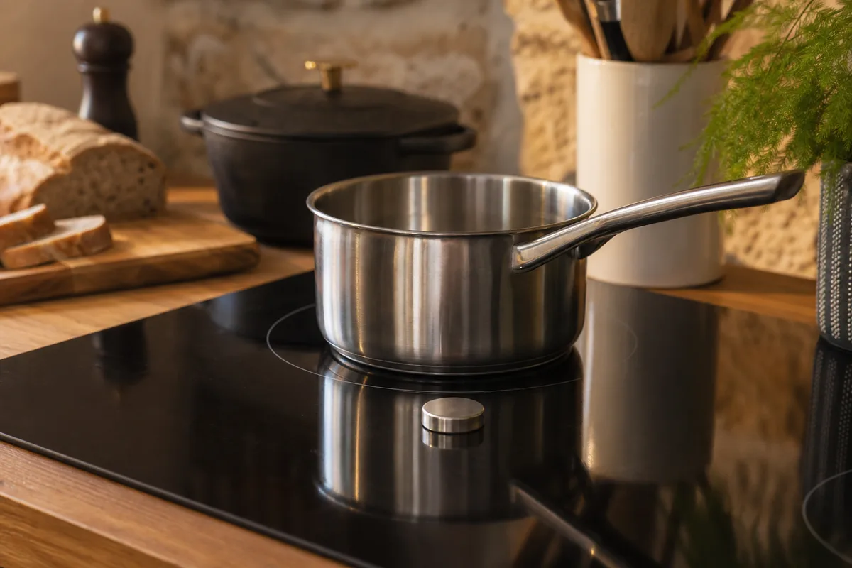 Table à induction en verre noir avec une casserole en inox et un aimant