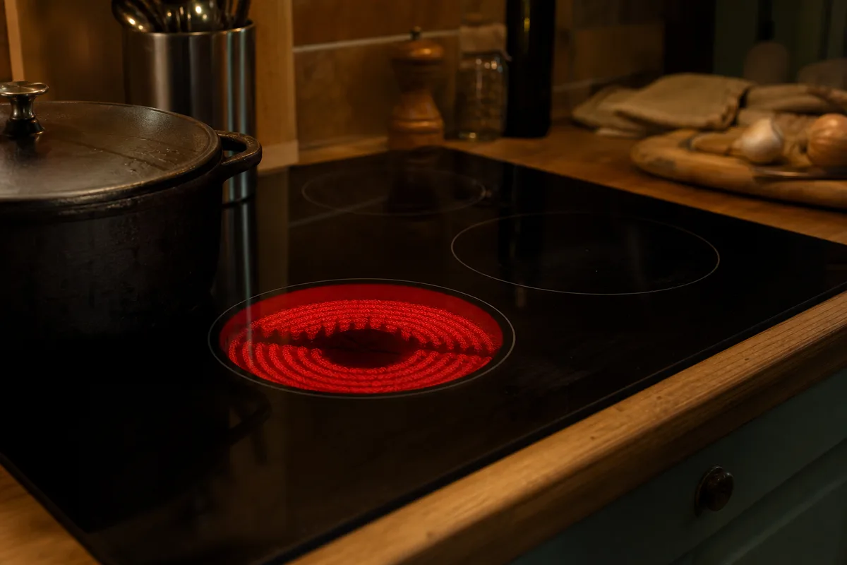 Foyer radiant rouge visible à travers la vitre d’une table vitrocéramique dans une cuisine sombre