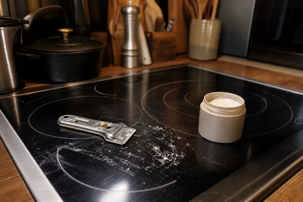 Grattoir à lame et crème nettoyante posés sur une table vitrocéramique en cours de nettoyage