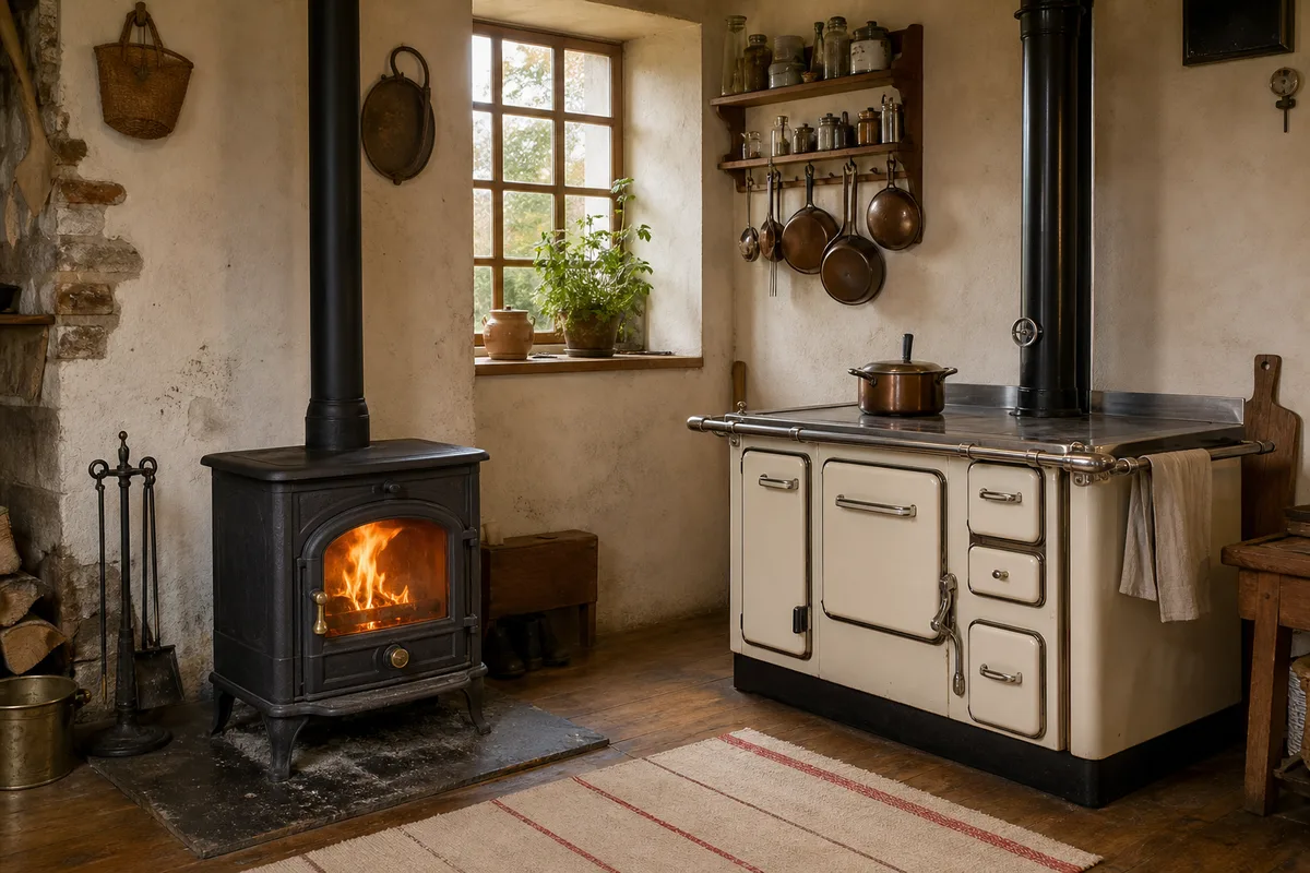 Poêle à bois en fonte et cuisinière à bois émaillée dans une pièce ancienne