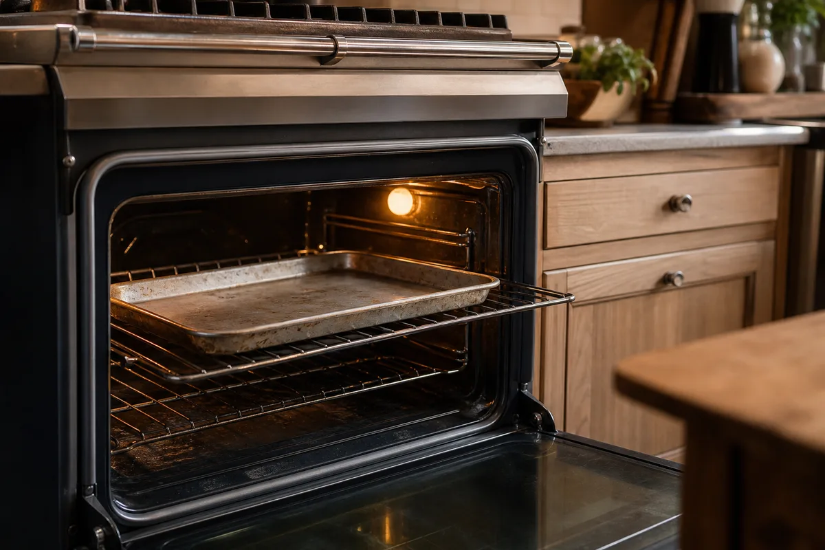 Four électrique ouvert d’une cuisinière mixte avec une plaque de pâtisserie