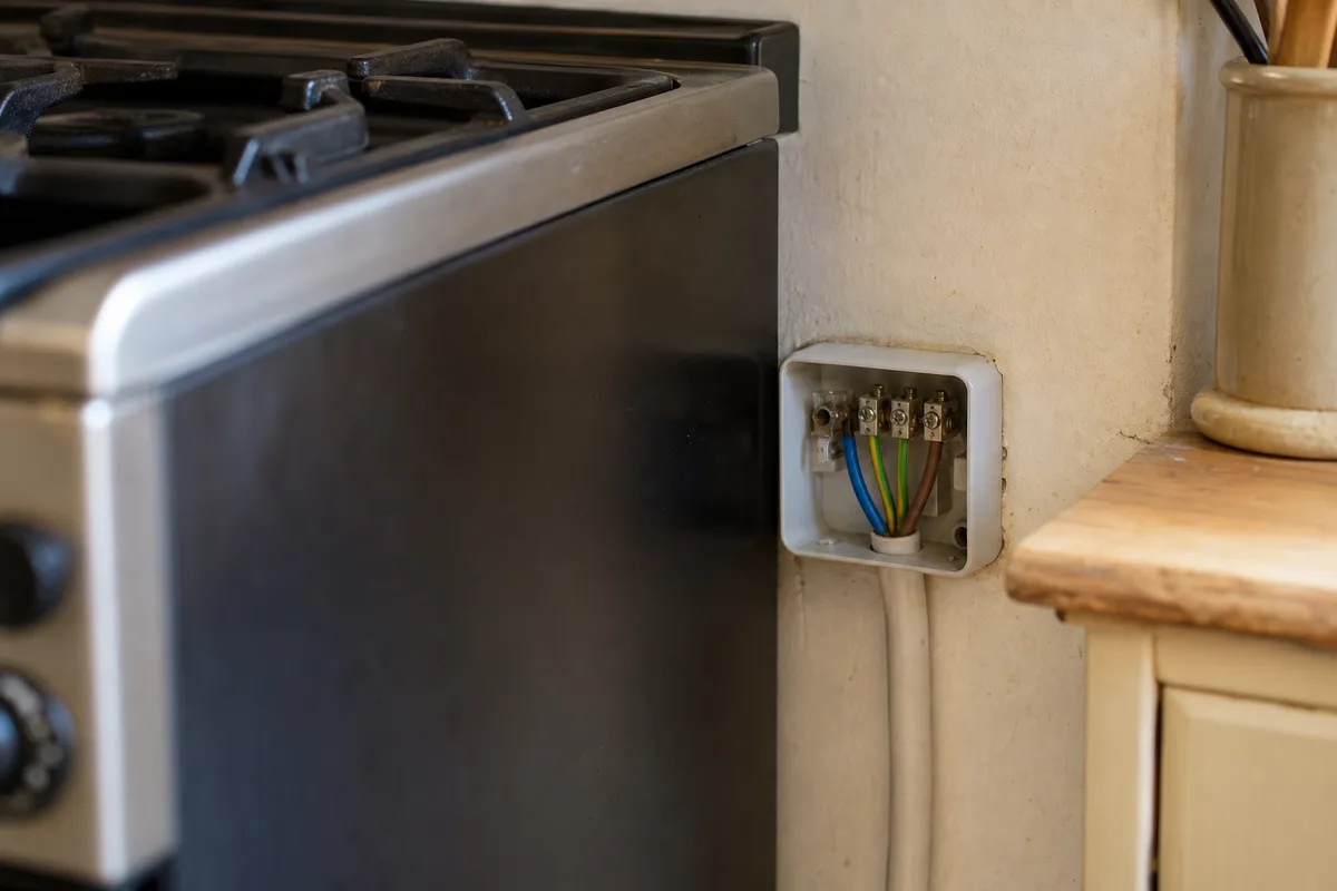 Boîte de raccordement murale ouverte derrière une cuisinière avec un câble à trois conducteurs